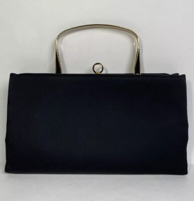 VTG After Five Purse Clutch Hand Bag Black Satin Metal Framed Drop In Handle USA