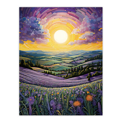 Lebendiger Sonnenaufgang über blühenden Lavendelfeldern Wandbild Poster Druck Bild