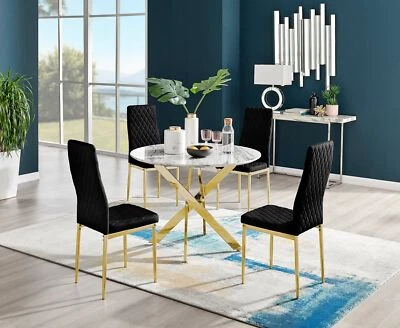 Novara White Marble Gold Leg Round Dining Table & 4 Velvet Milan Gold Leg Chairs