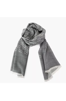 GUCCI GG LOGO JACQUARD PRINT GREY WOOL SILK SCARF SHAWL NEW UNISEX RETAIL $699