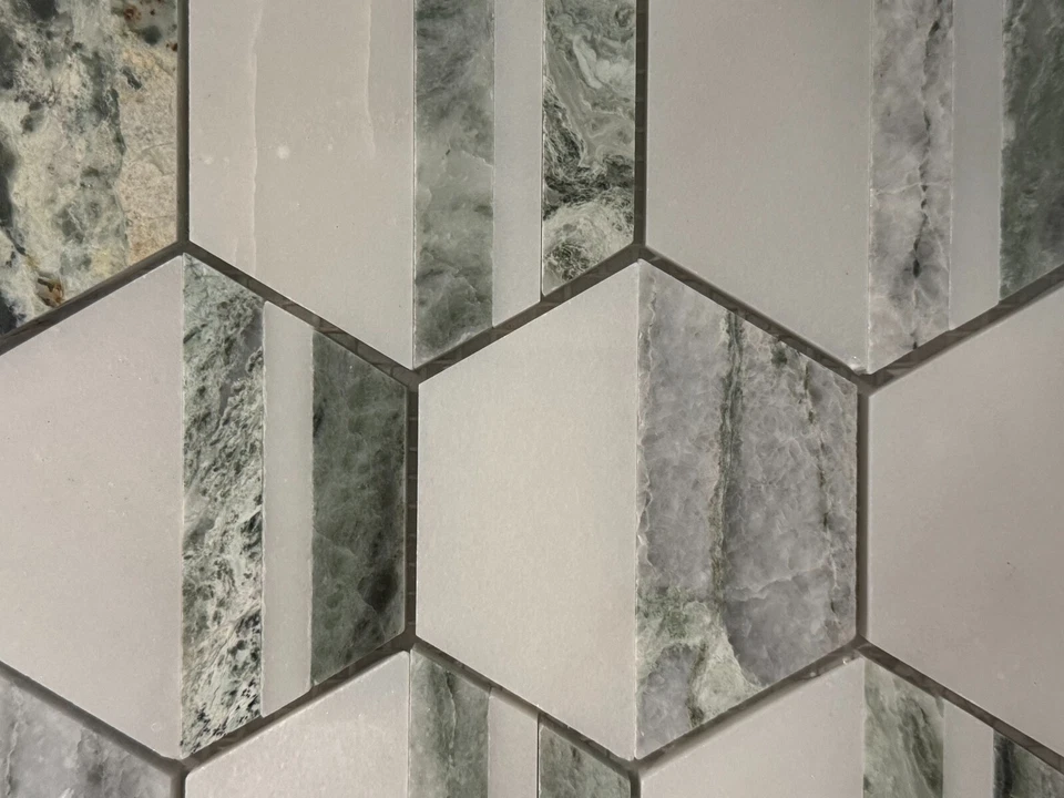 Azulejo hexagonal de mosaico de mármol piedra blanca/gris/verde S63 cocina baño Foto 2 de 4