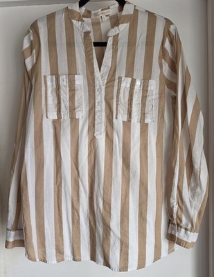 Eden & Olivia Women's Cotton Striped Blouse XL White Brown Long Sleeve