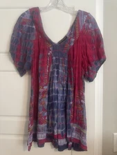 Greater Good Top Womens M/L Purple Pink Tie Dye Short Sleeve Boho Gauzy Flowy