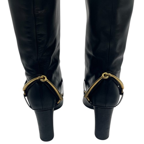Gucci Tess Horsebit Leather Block Heels Tall Knee High Boots Black Size 37/7 - Picture 6 of 13