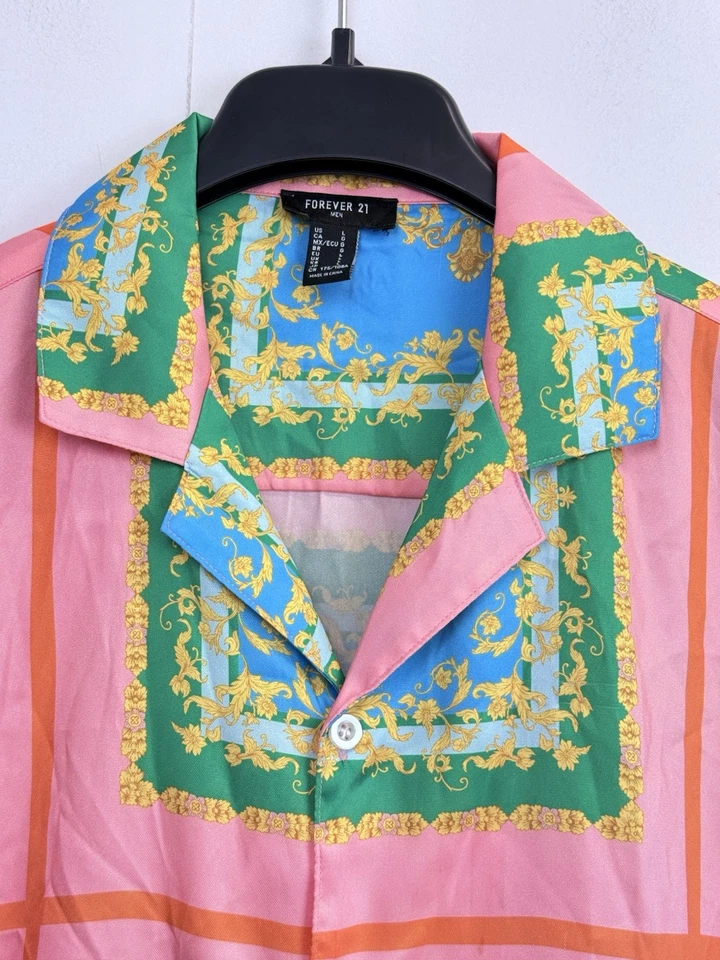 Forever 21 Men’s Size L Baroque Short Sleeve Button Down Shirt Pink, Green - Image 2 of 4