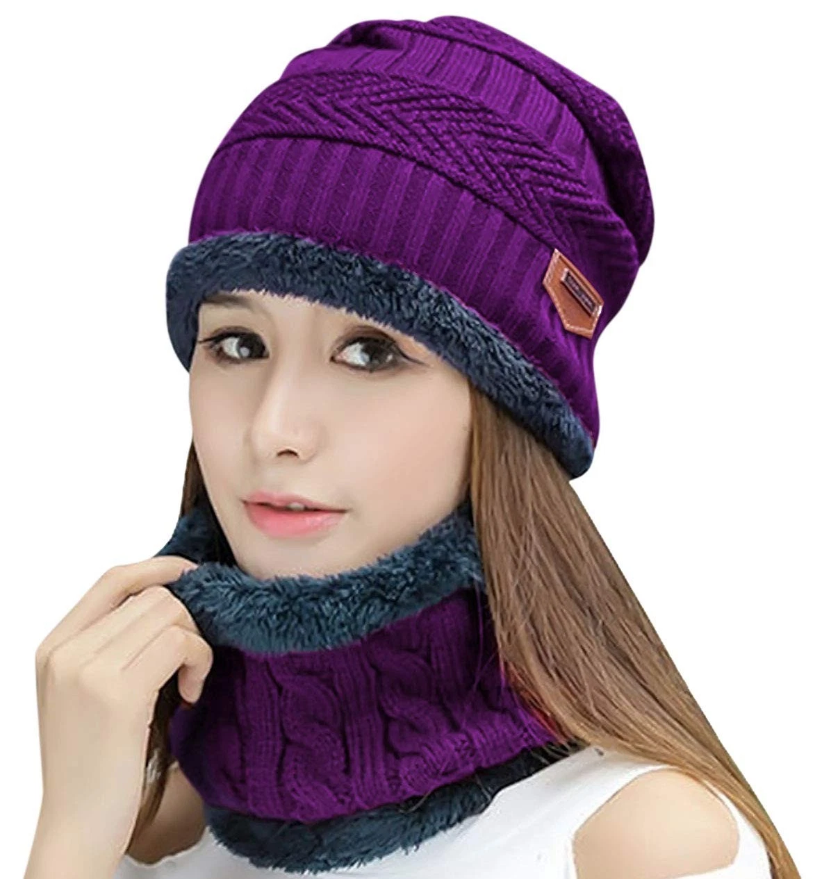 Winter Scarf Hat Womens Beanie Slouchy Knit Warm Snow Outdoor Skull Cap Purple