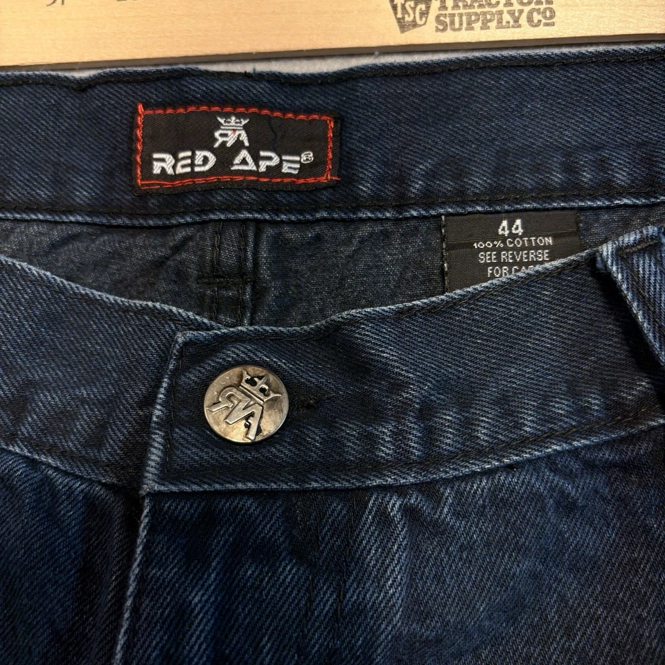 Y2K мешковатые джинсовой ткани Jean шорты мужской 44 хип-хоп вышитый синий DarkWash красный обезьяна - Изображение 4 из 4