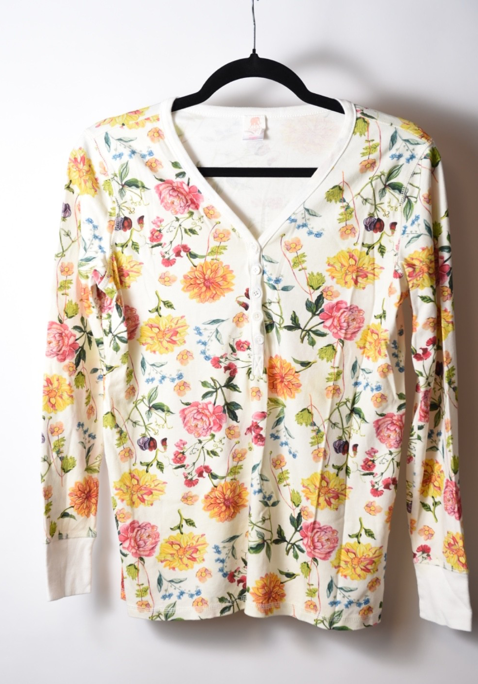 Pink Elephant Floral Women's Pajama Top Size S Yellow Pink 100% Organic Cotton