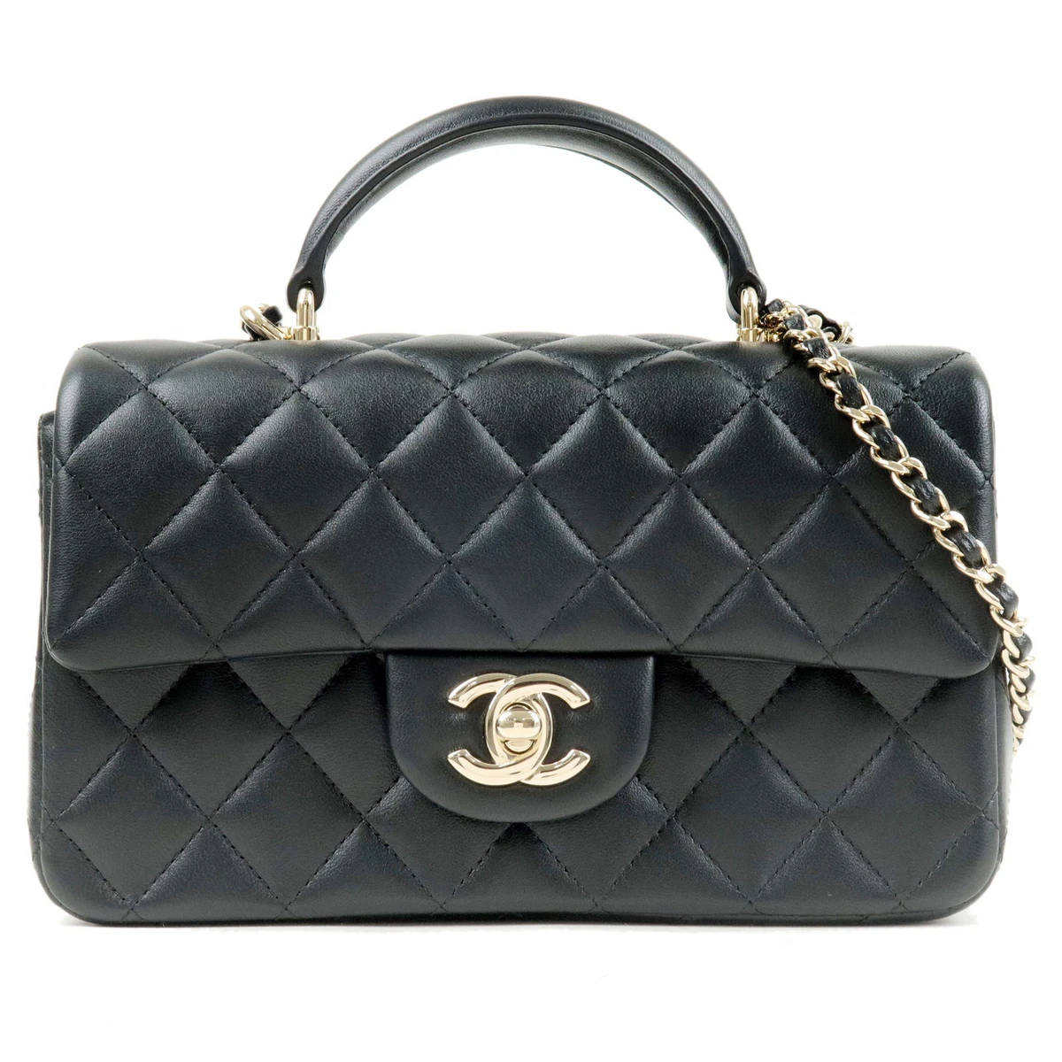 CHANEL-Matelasse-Lamb-Skin-Top-Handle-Mini-Flap-2way-Bag-Black