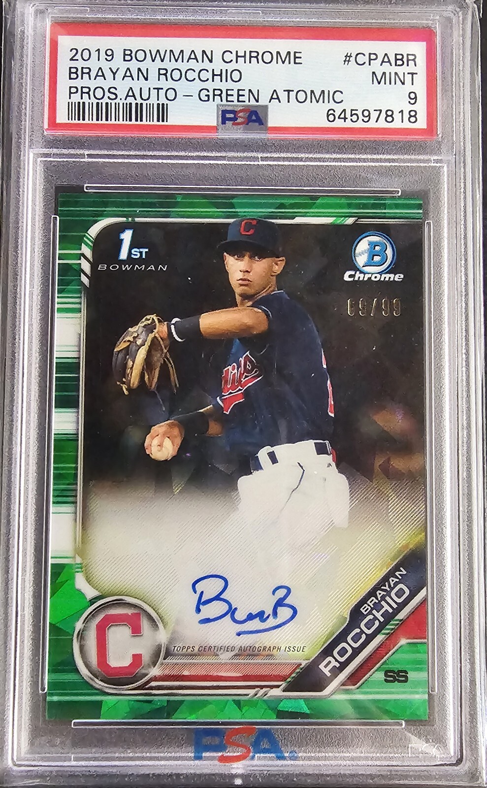2019 Bowman Chrome Brayan Rocchio ROOKIE Green Refractor Auto #/99 PSA 9