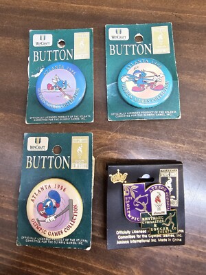 Vtg 1996 Atlanta Olympic Games Collector Pins Buttons Lot Of 4 w/Original Card
