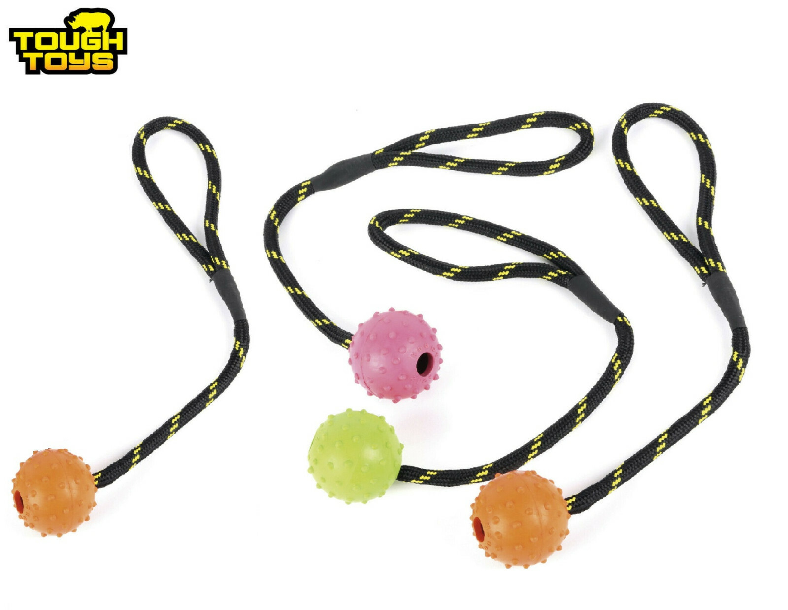 4 PACK TOUGH TOYS STUDDED RUBBER BALL ON ROPE FETCH TOY DOG FETCH 2.5"" TT0207