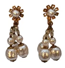 Miriam Haskell Faux Pearl Earrings Dangle Silvery White Gilt Brass Clip 50s 60s