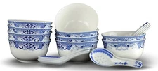 10 Pcs Fine Bone China Blue and White Bowl, with Free 10 Porcelain Spoons, Ri...