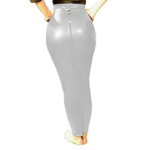 Sexy Women PU Leather High Waist Full Zip Lockable Sissy Hobble Pencil Skirts - Picture 16 of 32