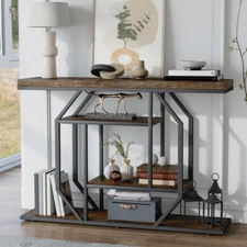 47.3" Long Console Table Industrial Sofa Table with Geometric Base Storage Shelf