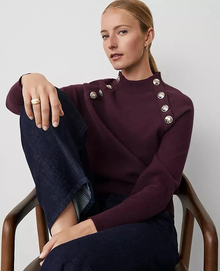 Ann Taylor сливы бордовый реглан Jewel‐кнопка Crewneck свитер насмешливый шеи XXL - Изображение 2 из 4
