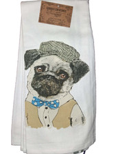 Curious Creatures Dapper Pug with Hat and Bowtie Kitchen Towel Set NWT