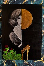 Ritratto moderno glamour a mezza faccia su tela incorniciata - opera d'arte o...