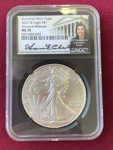 2022-W American Silver Eagle NGC Graded MS70 Burnished Anna Cabral Signature