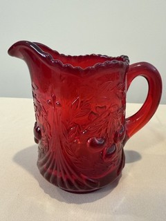 Vintage LG Wright Wreathed Cherry Deep Ruby Red Creamer Handle Scalloped Rim