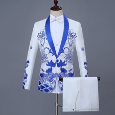 Ensemble Costume Veste Blazer Homme Motif Floral Broderie Rétro Nœud Papillon