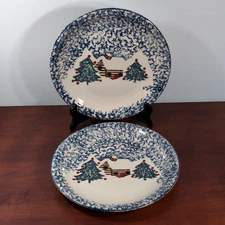 Tienshan Folk Craft CABIN IN SNOW Dinner Plates Set/2 Christmas Stoneware 10.25"