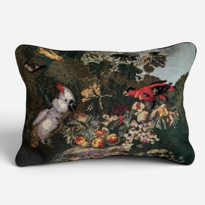 Vtg Wool Needlepoint Parrot Birds Tropical Throw Pillow Cover Green Velvet 16x12