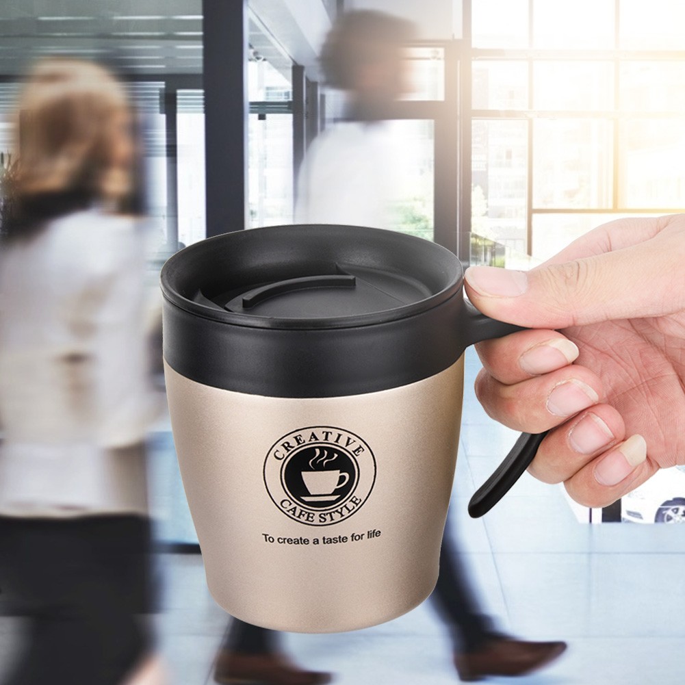 Stainless Steel Insulated Coffee Mug Water Cup With Spoon And Lid For Office