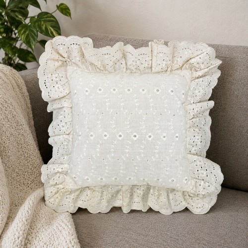 Vintage Ivory Eyelet Lace Throw Pillow 9.5" Square Ruffled Cottagecore
