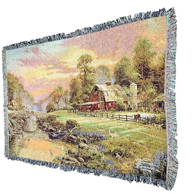 Thomas Kinkade Sunset at Riverbend Farm Red Barn Tapestry Afghan Throw