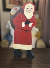 Vintage Wooden Folk Art Santa Claus Handmade Hand Painted Free Standing 1980's