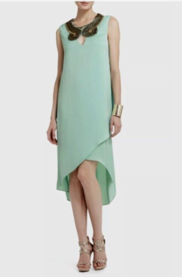 NWT BCBG MAXAZRIA SIZE XS NELLIE SATIN EMBELLISHED NECK ASYMMETRICAL WRAP  DRESS
