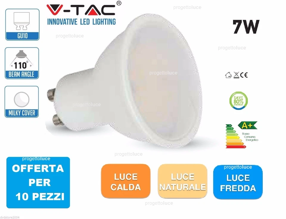 10 PEZZI LAMPADA LED FARETTO INCASSO V-TAC DRIWEI GU10 DA 7W SMD SPOTLIGHT