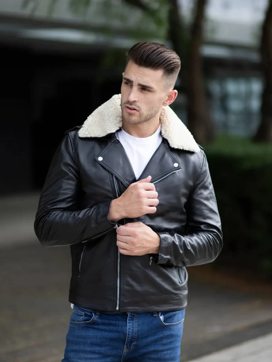 Men's Black fur collar Leather Jacket Motorcycle biker Fashion Leather  Jackets | eBay
