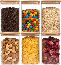 6Pcs Glass Food Storage Containers with Lids, 1.2Qt Glass Jars Square Glass St