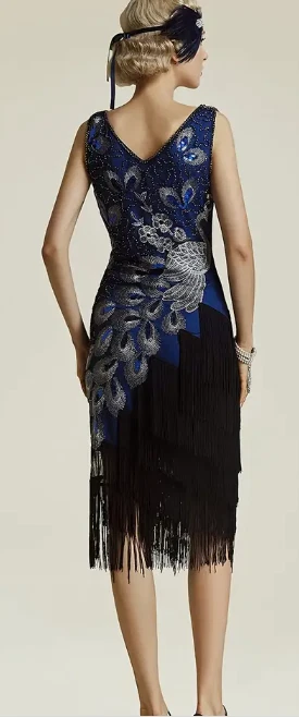 FLAPPER 1920s DRESS-Vintage Style Peacock Blue/Black Sequined Dress, Gatsby XL - Image 2 of 4