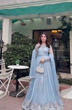 Fancy Designer Faux Georgette Sky Blue Gown Lehenga With Dupatta For Party Wear