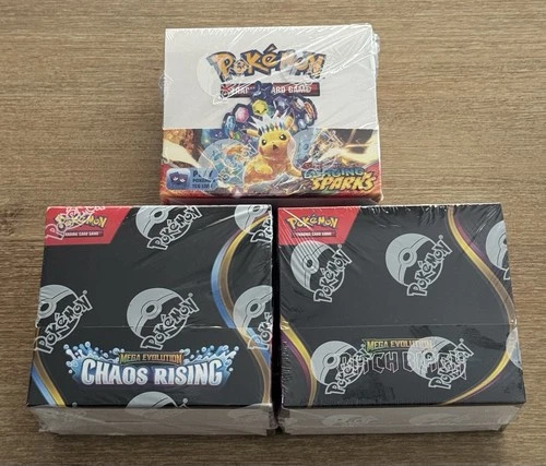 Pokémon TCG Booster Box Lot (3 Boxes) Surging Sparks, Chaos Rising, Pitch Black