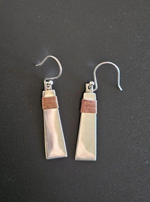 Modernist Boho HOB 925 Sterling & Copper Artisan Dangle Earrings Vintage
