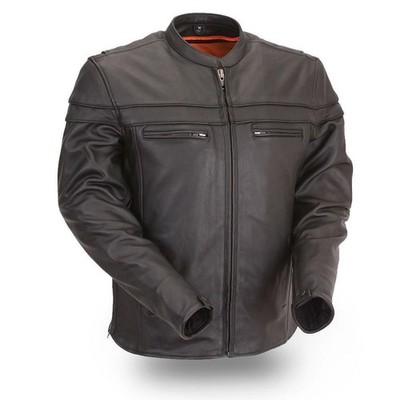 Mens Black Scooter Collar Leather Jacket, Reflective Piping, Gun Pockets