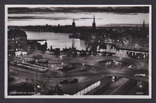 Vintage postcard Stockholm Sweden Slussen night view trams City Hall