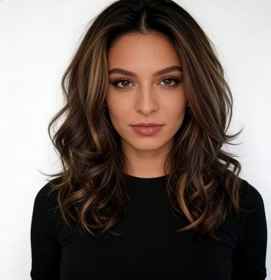 Women Dark Brown w/Gold Highlight Ombre Shoulder Length Curly Hair Wig-&-==-