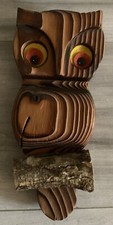 Vintage Wall Art Wooden Perched Owl Handcrafted Orange Felt Eyes 70s
