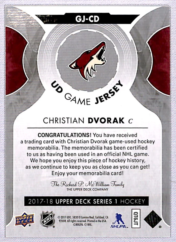 2017-18 Upper Deck UD Game Christian Dvorak Jersey #GJ-CD Arizona Coyotes - Image 2 of 2