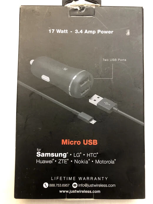 Зарядное устройство автомобильное Just Wireless 5 футов двойной порт Micro USB черное 13003 - Изображение 2 из 2