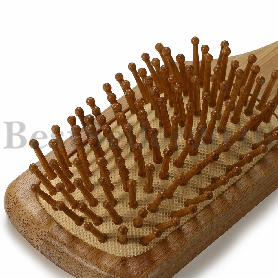 Handmade Natural Wooden Massage Head Scalp Straight Curly Hair Vent Brush Comb - Image 3 of 4