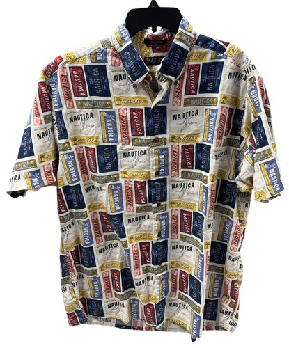 Nautica Shirt Mens Size XL Button Up Camp All Over Print Spell Out Cotton Rayon - Picture 3 of 4