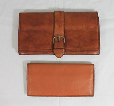 Vintage Handmade Brown Leather Clutch Wallet w/ Checkbook Cover Buckle Closure