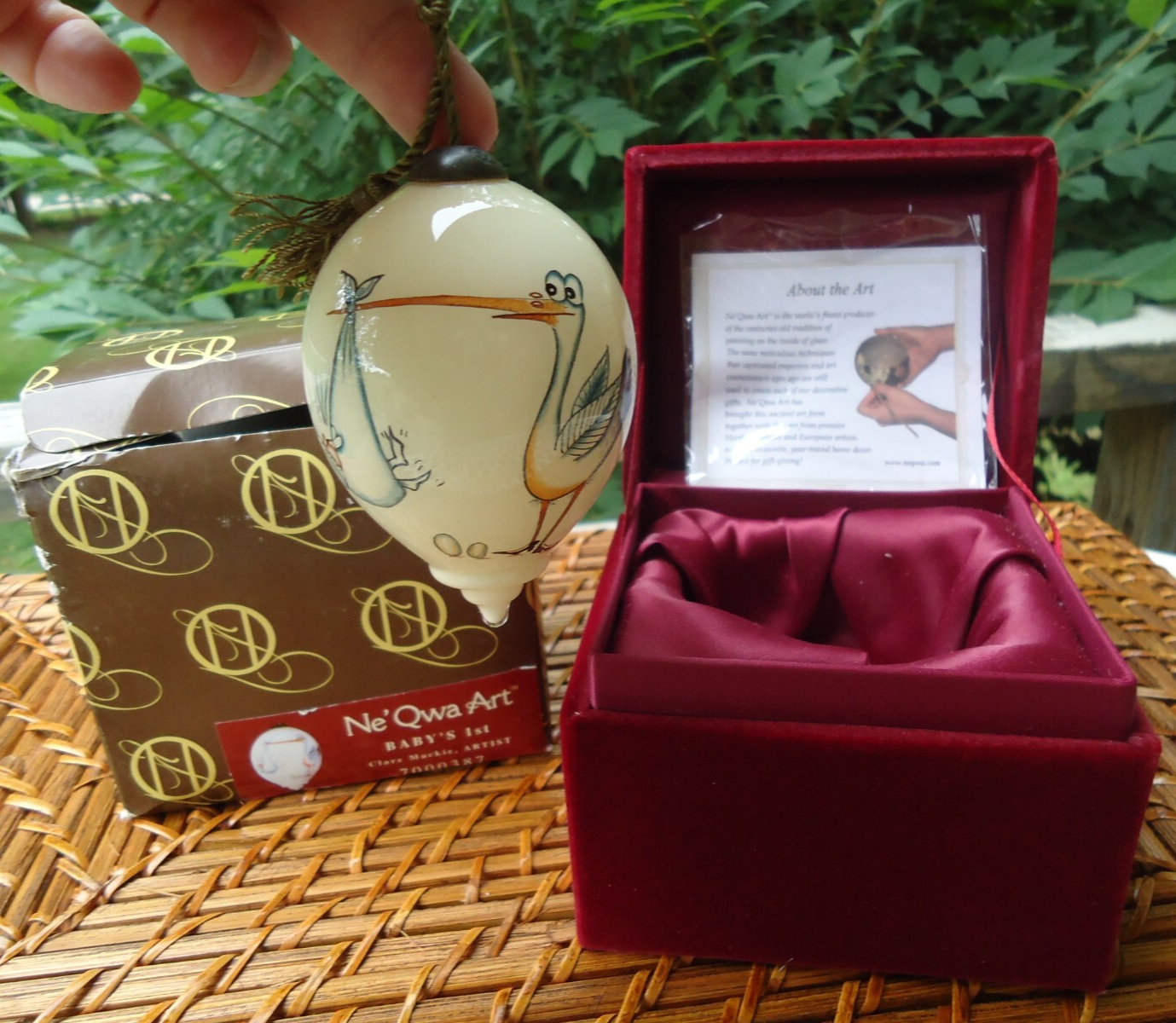 Ne Qwa Blown Glass Baby 1st Christmas Ornament in Velvet Stork Gift Box